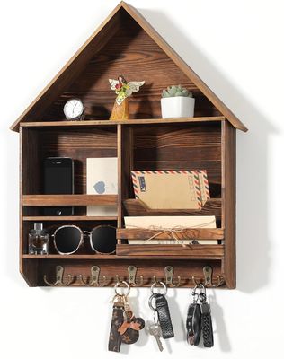 Einfache Installation Dekoratives Holz Schlüsselhängegehäuse mit 5 doppelten Haken