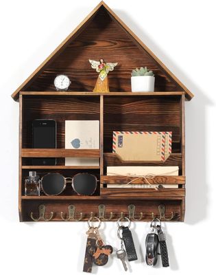 Einfache Installation Dekoratives Holz Schlüsselhängegehäuse mit 5 doppelten Haken