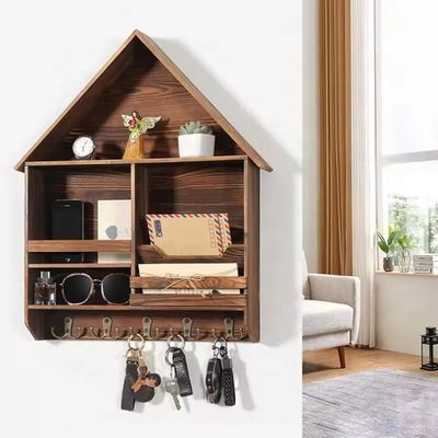 Einfache Installation Dekoratives Holz Schlüsselhängegehäuse mit 5 doppelten Haken