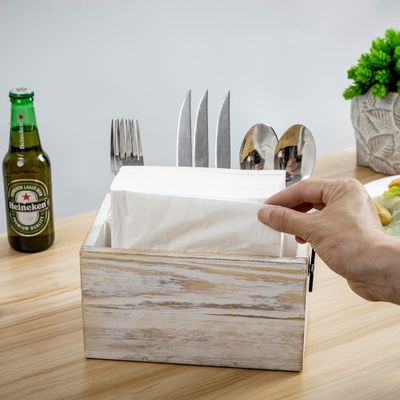 Nicht faltbares Regal für Geschirr und Servietten Weiß gewaschenes Massivholz Schwarz Metallgriffe