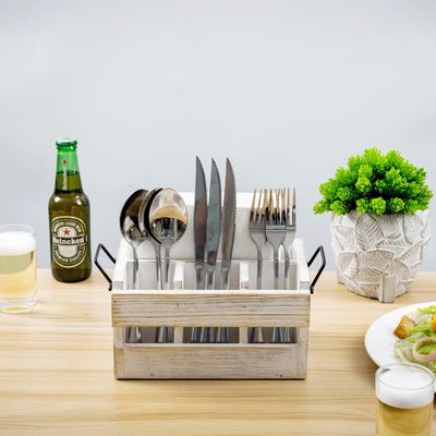 Nicht faltbares Regal für Geschirr und Servietten Weiß gewaschenes Massivholz Schwarz Metallgriffe