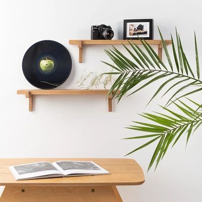 Doppelstufige Holzbüro Dekoration Schwebende Wand 2 Regale Eiche Minimalistische Randregal für Zuhause Platz sparen