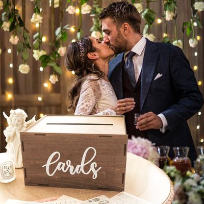 Hochzeitskartenbox für Empfang Braun Holzumschlag Geldbox Druck Lasergrave