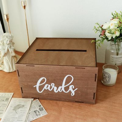 Hochzeitskartenbox für Empfang Braun Holzumschlag Geldbox Druck Lasergrave