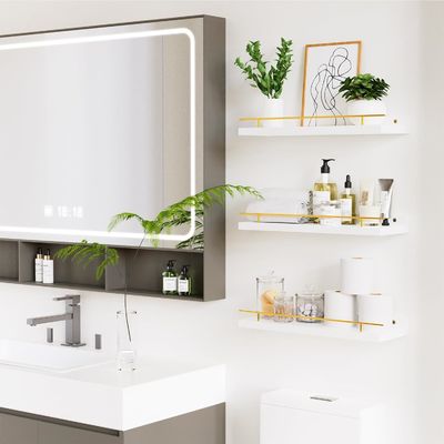 Badezimmer-Wandregale 3 Stück mit Goldmetall-Schutzgelände und BAMBOW-Holz 41X13.5X2cm