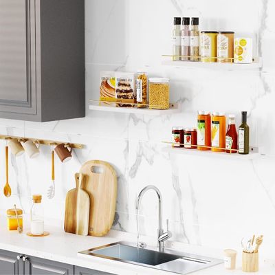 Badezimmer-Wandregale 3 Stück mit Goldmetall-Schutzgelände und BAMBOW-Holz 41X13.5X2cm