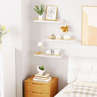 Badezimmer-Wandregale 3 Stück mit Goldmetall-Schutzgelände und BAMBOW-Holz 41X13.5X2cm