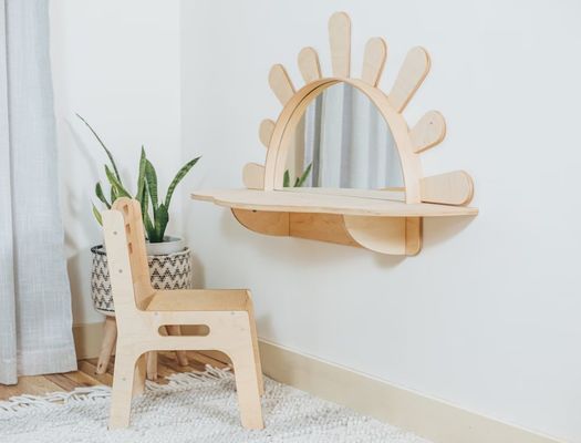 Wohnzimmer Wandmontierte Aktivitätstisch mit Stuhl Holzstil PANEL Kleinkindermöbel