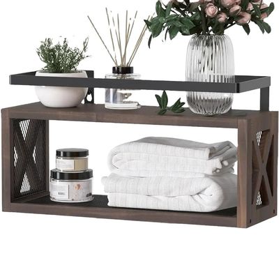 Speichern Sie Platz mit Landhaus-Stil rustikalen Braun schwebenden Holzregalen und Schutzgitter