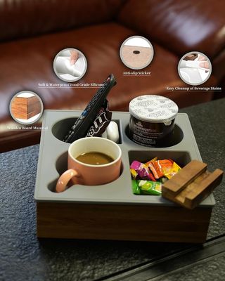 Customized Logo Weiches Silikon Akazien Holz Couch Caddy für Snacks Getränke Fernbedienung