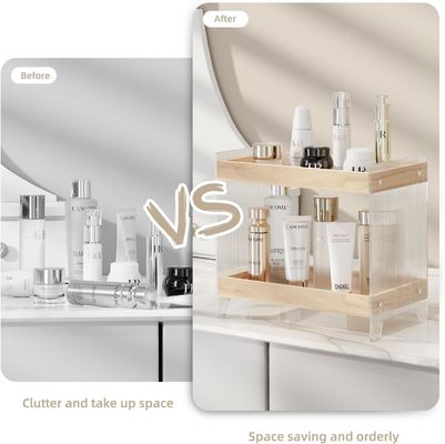 Nicht faltbarer Make-up-Parfüm-Organisator mit Holzteller und Acryl-Kosmetikregal