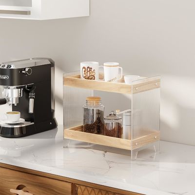 Nicht faltbarer Make-up-Parfüm-Organisator mit Holzteller und Acryl-Kosmetikregal