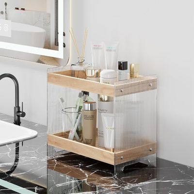 Nicht faltbarer Make-up-Parfüm-Organisator mit Holzteller und Acryl-Kosmetikregal