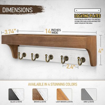 Holzbasis 2-farbiger Schlüsselregal mit 5 Retro-Tasten Haken für rustikale Wohnkultur Weißgrau
