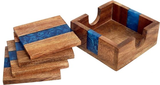 Modern Ocean Blue Epoxidholz-Rasinen-Coaster mit Halter Die perfekte Wahl für jedes Haus