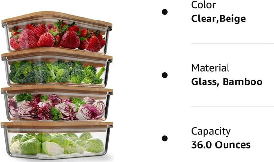 Bequeme 4-pack-Glas-Lebensmittelbehälter mit Bambusdeckeln Einfaches offenes Design
