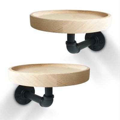 Postverpackung N Kleine runde schwimmende Eckregale aus massivem Holz für die Einrichtung von Wohnzimmern