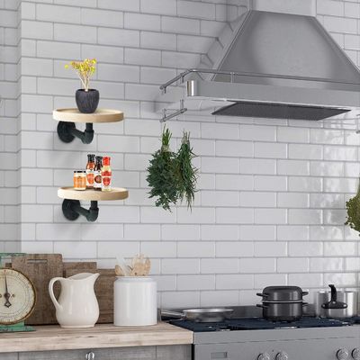 Postverpackung N Kleine runde schwimmende Eckregale aus massivem Holz für die Einrichtung von Wohnzimmern