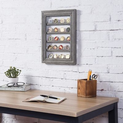 5-Tier Vintage Grau Holz Druck Verbrannte Herausforderung Münze Display Rack für Wandmontage