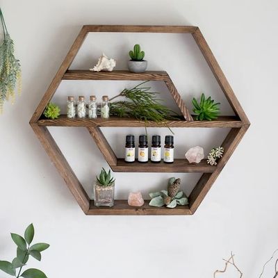 Hexagonaler Massivholz-Floating Shelf Modernes Design für Schlafzimmer Wohnzimmer und Küche