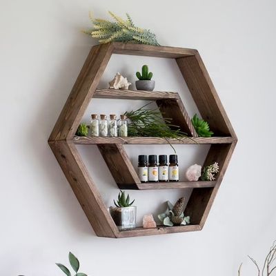Hexagonaler Massivholz-Floating Shelf Modernes Design für Schlafzimmer Wohnzimmer und Küche