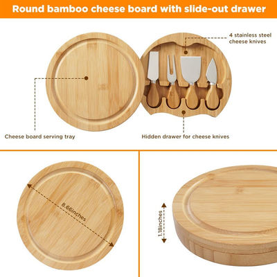 Bambuskäsebrett mit benutzerdefiniertem Logo und 4 Schneidmesser aus Edelstahl