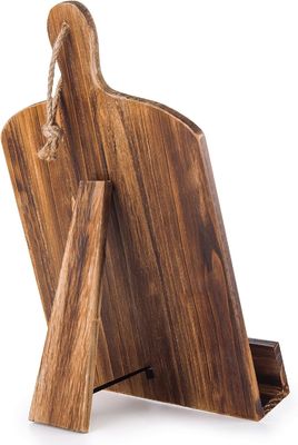 Stylische Kieferholz-Kochbuch-Stand mit stehender Installation und braunem Schnittbrett