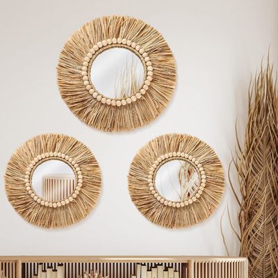 Boho Raffia Spiegel Wandgehängtes Dekor Rustikales Rundkreis Spiegel Bauernhaus Ästhetik