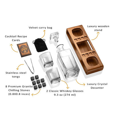 Custom Whisky Decanter Set mit Holzstand und Kühlsteinen für Partyfeiern