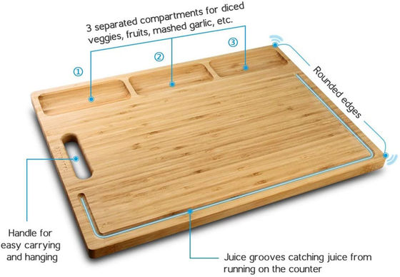 Multifunktionales Bambus-Schnittbrett mit 3 Abteilungen und Saftgräben 43*32*1,8cm