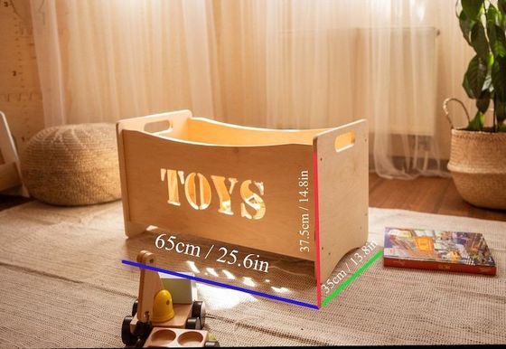 Verbrannte Holz- und Glas-Spielzeug-Organisator-Box für Montessori-Möbel im Kleinkind-Spielzimmer