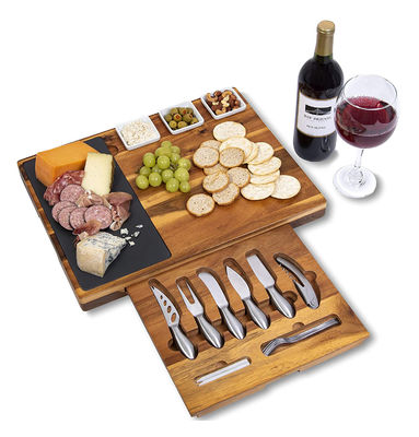Siebdruck 19 Stück Acacia Holz Schiefer Käse Board und Messer Set für Fleisch Wein Käse