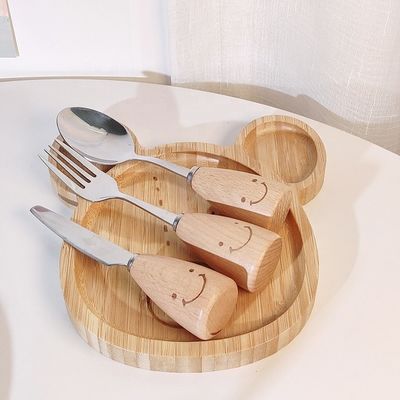 Einfacher Stil, benutzerdefiniertes Logo Bambus Babyplatten mit Gabel und Löffel