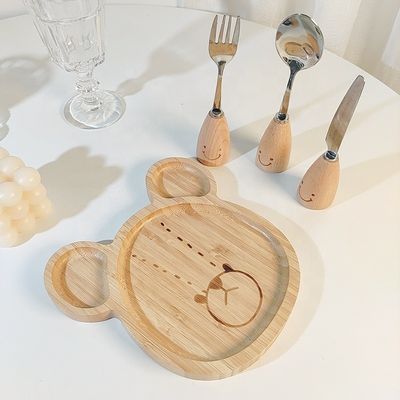 Einfacher Stil, benutzerdefiniertes Logo Bambus Babyplatten mit Gabel und Löffel