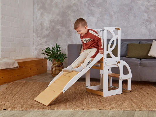 Holz Kinder Küche Schritt Hocker Wandelbar Kleinkind Turm Tisch 7 in 1 Rückenlehne und Rutsche