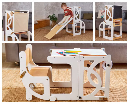 Holz Kinder Küche Schritt Hocker Wandelbar Kleinkind Turm Tisch 7 in 1 Rückenlehne und Rutsche