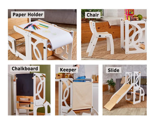 Holz Kinder Küche Schritt Hocker Wandelbar Kleinkind Turm Tisch 7 in 1 Rückenlehne und Rutsche