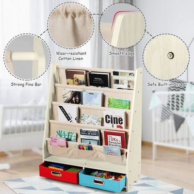 Wohnzimmermöbel Holz Bücherregal-Organisator mit 4 Schleifregalen und 2 ausziehbaren Spielzeuglagerkästen