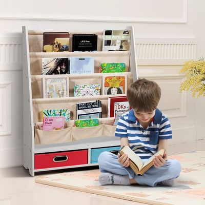 Wohnzimmermöbel Holz Bücherregal-Organisator mit 4 Schleifregalen und 2 ausziehbaren Spielzeuglagerkästen