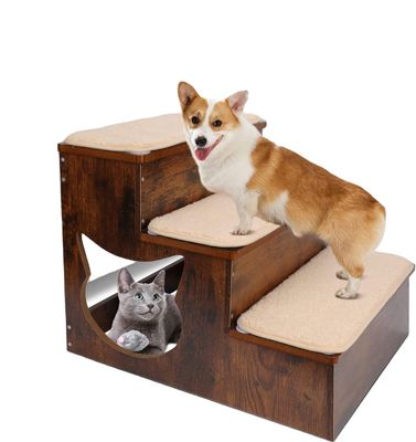 3 Stufen Holztreppe für Hunde Massivholz-Treppen für Haustiere mit rutschfesten Kissen und Waschteppich