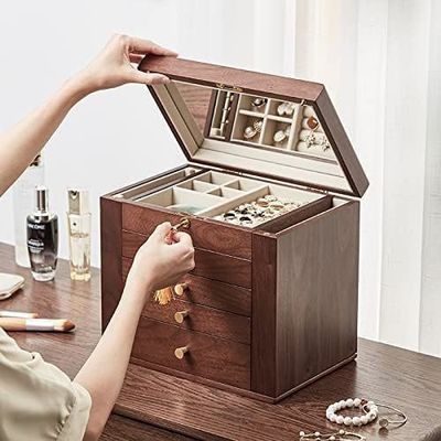 Traditionelle Schmuckschachtel aus Holz mit 5 Schubladen und zwei Seitentüren aus poliertem Walnuss