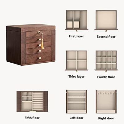 Traditionelle Schmuckschachtel aus Holz mit 5 Schubladen und zwei Seitentüren aus poliertem Walnuss