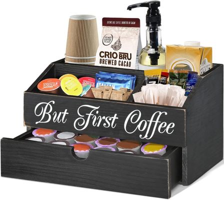 Holz-Countertop-Kaffee-Bar-Tee-Taschen-Organisator mit Schublade und Lagerbestand