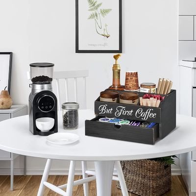 Holz-Countertop-Kaffee-Bar-Tee-Taschen-Organisator mit Schublade und Lagerbestand