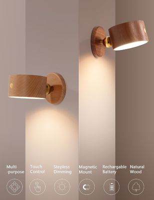 Wandlampen LED 360-Rotations-Dimmung Wiederaufladbare kabellose Batteriebetriebene Holzlampe