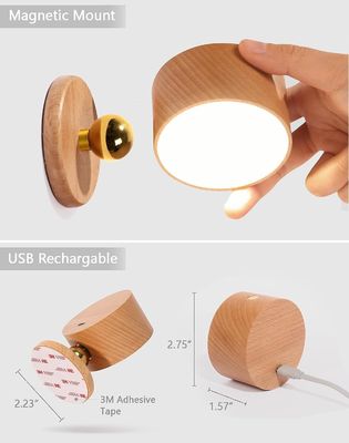 Wandlampen LED 360-Rotations-Dimmung Wiederaufladbare kabellose Batteriebetriebene Holzlampe