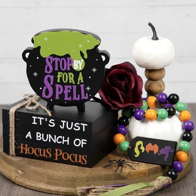 Umweltschonende Halloween-Dekorationen Kinder Hocus Pocus Stufen-Tray-Dekorations-Set aus 3 Holz
