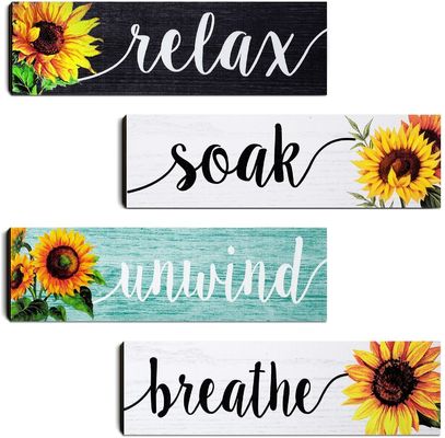 Bad Wanddekoration Rustikale Holzplatte mit Sonnenblumen Design Entspannen Einweichen Entspannen Atmen