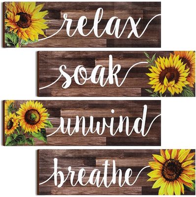 Bad Wanddekoration Rustikale Holzplatte mit Sonnenblumen Design Entspannen Einweichen Entspannen Atmen