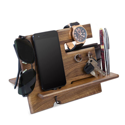 Handgefertigt Natur Walnussholz Telefon Docking Station Schlüsselhocker Brieftaschenhalter Stand Uhr Organisator